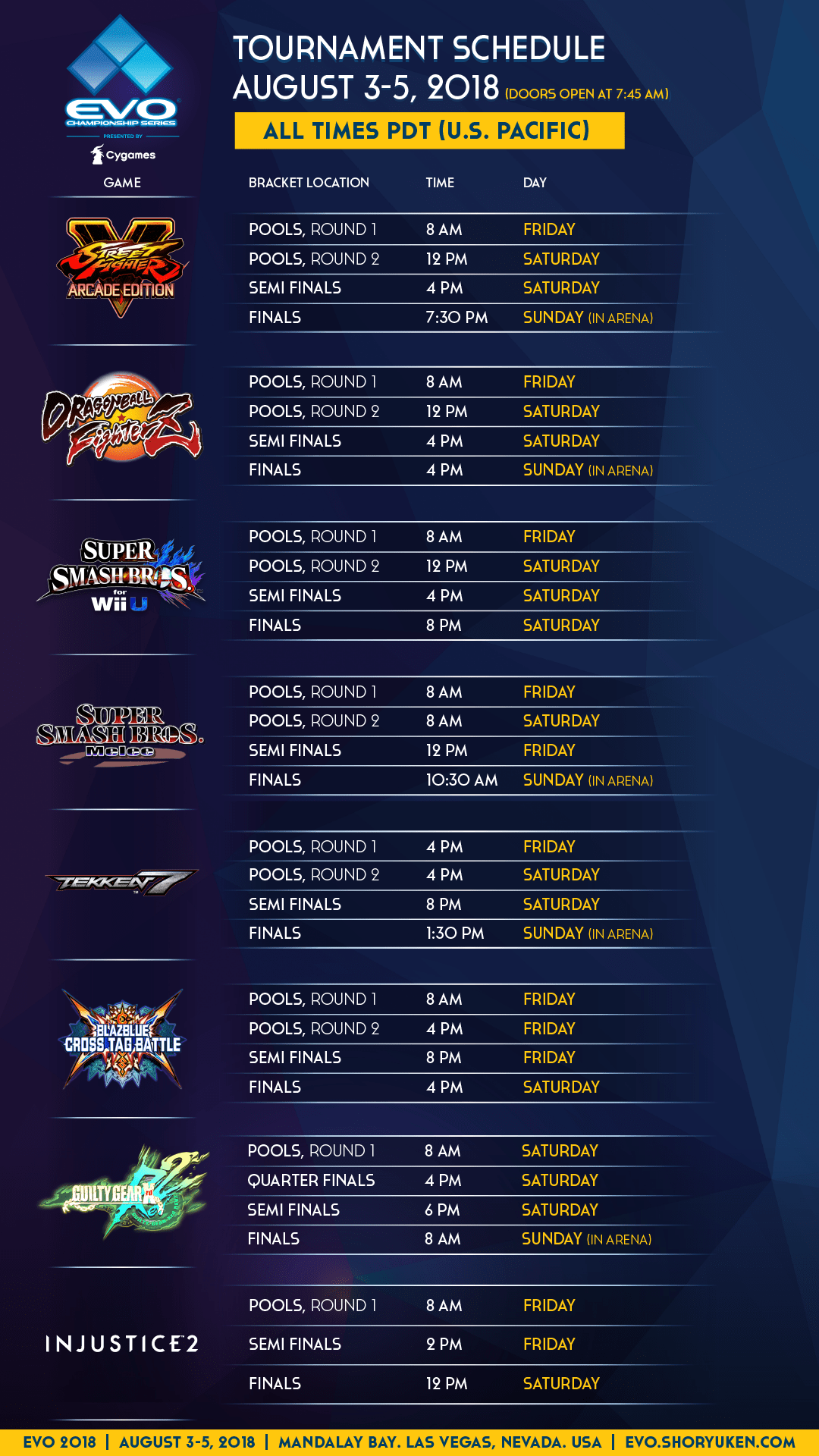 EVO 2018 Full Tournament / Streaming Schedule
